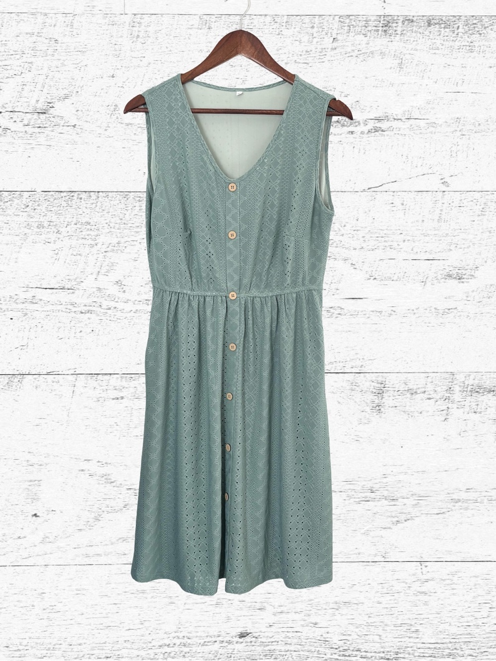 Sleeveless Button-Front Eyelet Dress in Sage Green